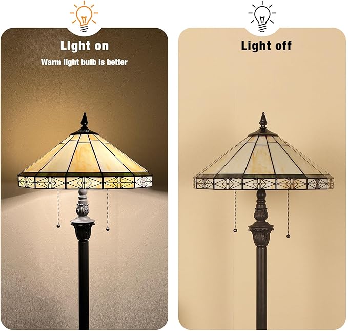 Capulina Tiffany Floor Lamp 2-Light 16x16x63 Inches Vintage Cream Style Stained Glass Standing Reading Lamp for Living Room Bedroom Office Home - LeafyLoom
