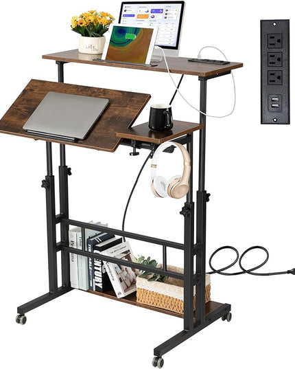 Hadulcet Mobile Standing Desk with Charging Station, Stand Up Laptop Desk Mobile Workstation for Home Office Classroom with Wheels, 31.49 x 23.6 in Rustic Brown - LeafyLoom