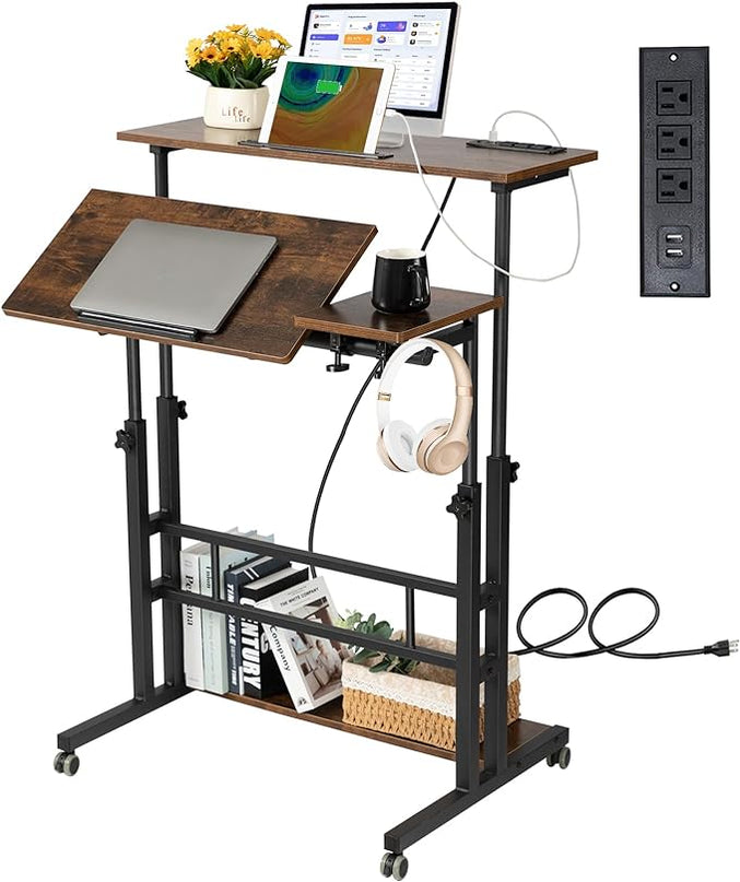 Hadulcet Mobile Standing Desk with Charging Station, Stand Up Laptop Desk Mobile Workstation for Home Office Classroom with Wheels, 31.49 x 23.6 in Rustic Brown - LeafyLoom
