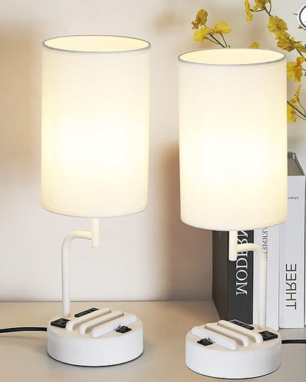 Dreamholder Table Lamp with 3 USB Charging Ports, Modern Desk Lamp with AC Outlet and Phone Stands, Perfect Bedside Lamp for Bedroom, Living Room, Office (Pack of 2), White - LeafyLoom