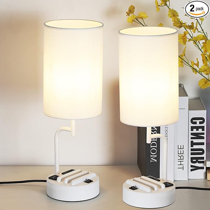 Dreamholder Table Lamp with 3 USB Charging Ports, Modern Desk Lamp with AC Outlet and Phone Stands, Perfect Bedside Lamp for Bedroom, Living Room, Office (Pack of 2), White - LeafyLoom