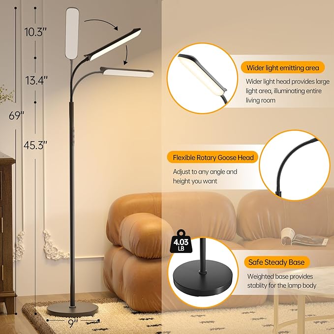 LED Floor Lamp, 18W Super Bright Floor Lamp for Living Room, Adjustable Stepless Colors & Brightness Gooseneck Standing Lamp, Eye Caring Reading Light with Remote& Touch Control for Bedroom Office - LeafyLoom
