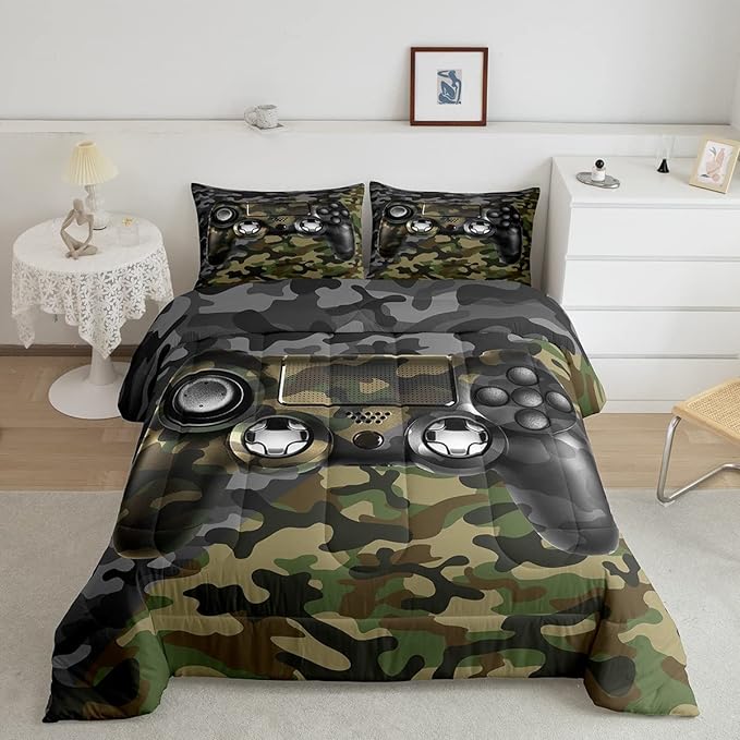 Feelyou Kids Gamer Comforter Set Camouflage Gaming Bedding Set for Boys Teens Green Black Camo Video Game Decor Comforter Gamer Console Quilt King Size Duvet Quilted 3Pcs Boys - LeafyLoom