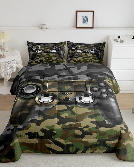Feelyou Kids Gamer Comforter Set Camouflage Gaming Bedding Set for Boys Teens Bedroom Green Black Camo Video Game Decor Comforter Gamer Console Quilt Set Queen Size Duvet Quilted 3Pcs - LeafyLoom