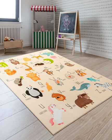 Booooom Jackson ABC Kids Classroom Rugs - 5'x6'6" Educational Numbers and Animal Carpet for Preschool, Classroom, and Kid's Room Safety and Learning - Alphabet Rug for Boys and Girls - LeafyLoom