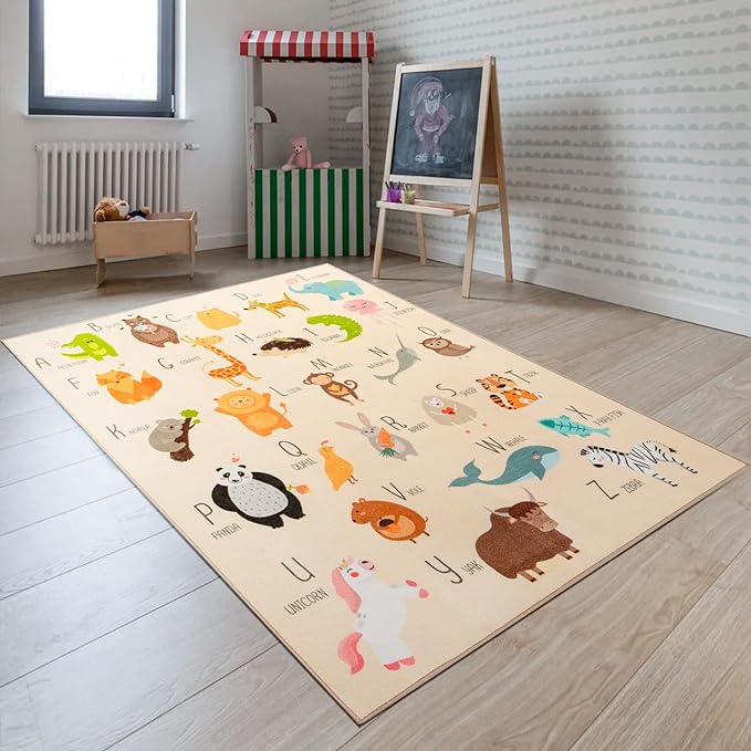 Booooom Jackson ABC Kids Classroom Rugs - 5'x6'6" Educational Numbers and Animal Carpet for Preschool, Classroom, and Kid's Room Safety and Learning - Alphabet Rug for Boys and Girls - LeafyLoom