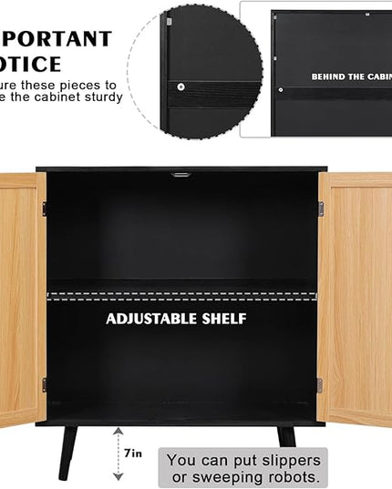 Sideboard Buffet Cabinet,Accent Kithchen Storage Cabinet with Rattan Doors,Wood Cupboard Console Table with Adjustable Shelves for Living Room, Black - LeafyLoom