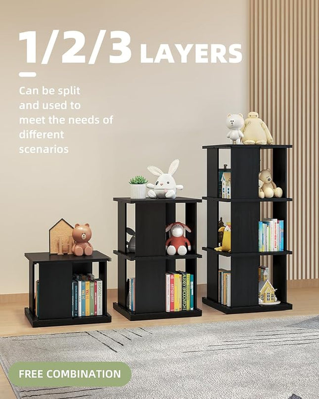 Rotating Bookshelf, 3-Shelf 360° Solid Wood Book shelf Tower, Stackable Revolving Bookcase Organizer for Living Room, Bedroom, Study(Black) - LeafyLoom