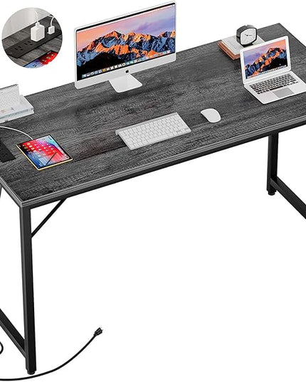 Computer Desk with Power Outlets and USB Charging Ports, 55 Inch Modern Home Office Desks, Sturdy Student Writing Table, Simple Laptop PC Gaming Desk for Bedroom Workstation, Black Oak - LeafyLoom