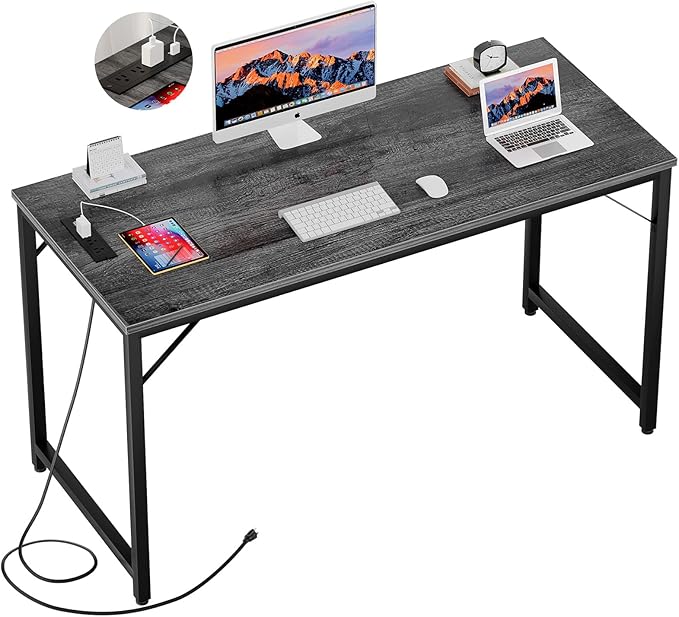 Computer Desk with Power Outlets and USB Charging Ports, 55 Inch Modern Home Office Desks, Sturdy Student Writing Table, Simple Laptop PC Gaming Desk for Bedroom Workstation, Black Oak - LeafyLoom