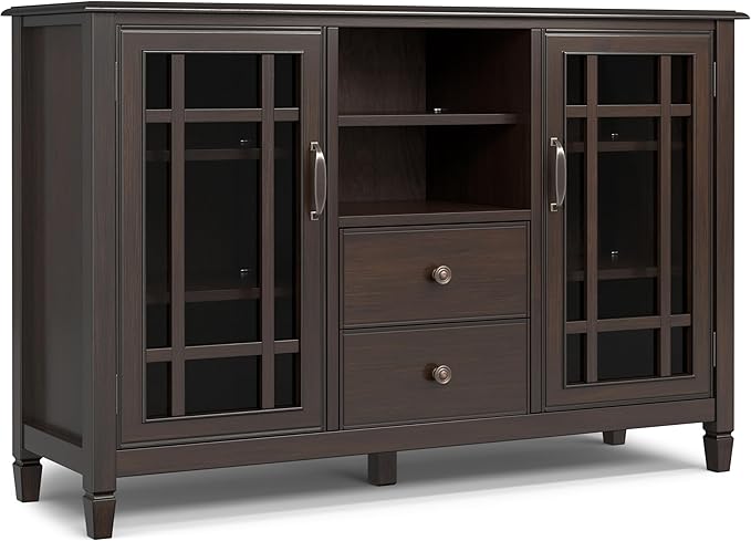 SIMPLIHOME Connaught SOLID WOOD Wide Traditional Media Stand for TVs up to 60 inches for The Living Room and Entertainment Center, 53 inch, Dark Chestnut Brown - LeafyLoom