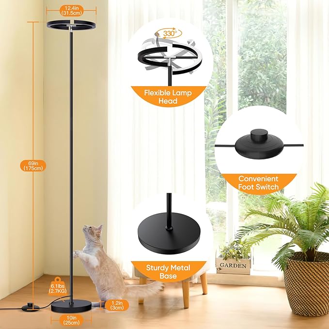Modern LED Floor Lamp, Rotatable Standing Lamp with Foot Switch, 20W Bright Reading Floor Light with 3 Color Temperatures, Black Stand up Lamp Tall Lamp for Living Room, Bedroom, Office - LeafyLoom