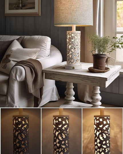 OYEARS 3-Way Dimmable 22'' Table Lamp Set of 2 for Living Room Bedroom Farmhouse Vintage Retro Bedside Lamps Touch Control with USB Ports Linen Shade for Home Office (Wash White, Bulb Included) - LeafyLoom