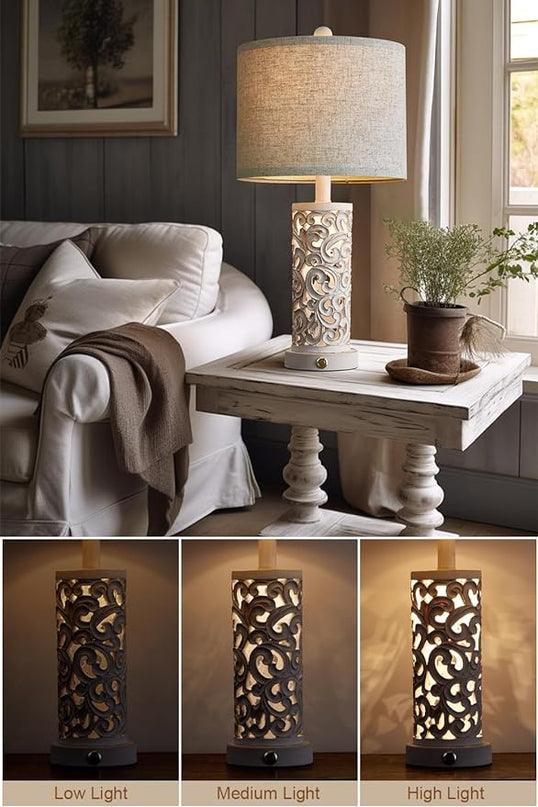 OYEARS 3-Way Dimmable 22'' Table Lamp Set of 2 for Living Room Bedroom Farmhouse Vintage Retro Bedside Lamps Touch Control with USB Ports Linen Shade for Home Office (Wash White, Bulb Included) - LeafyLoom