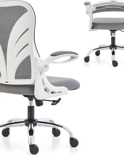 Ergonomic Office Chair with Foldable Backrest, Computer Desk Chair with Flip-up Armrests, Mesh Lumbar Support and Tilt Function Big and Tall Office Chair, White - LeafyLoom