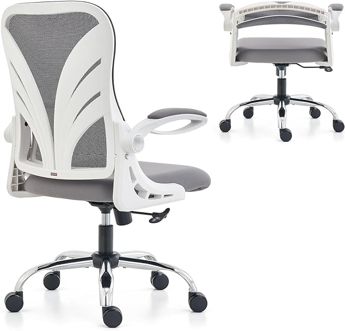 Ergonomic Office Chair with Foldable Backrest, Computer Desk Chair with Flip-up Armrests, Mesh Lumbar Support and Tilt Function Big and Tall Office Chair, White - LeafyLoom