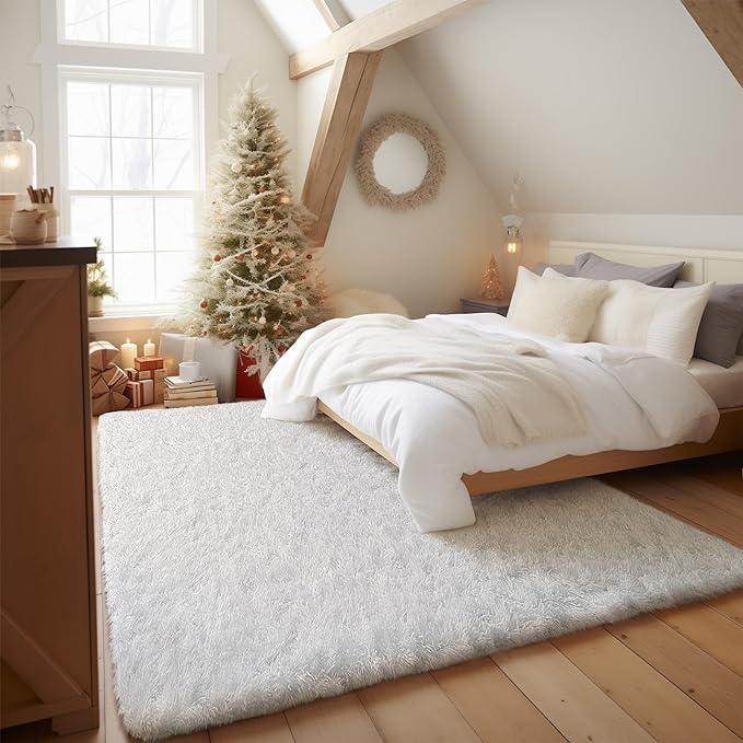 Ophanie White Rugs for Bedroom Fluffy, Machine Washable Shaggy Soft Area Rug, Non-Slip Indoor Floor Carpet for Living Room, Kids Baby Girls Teen Dorm Home Decor Aesthetic, Nursery, 4 x 6 Feet - LeafyLoom