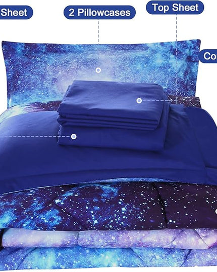Wowelife Galaxy Bedding Twin Outer Space Comforter Set 5 Pieces Blue Cosmic Galaxy Bed Set Kids Bed in A Bag Twin for Teen Boys and Girls with Comforter, Flat Sheet, Fitted Sheet and 2 Pillowcases - LeafyLoom