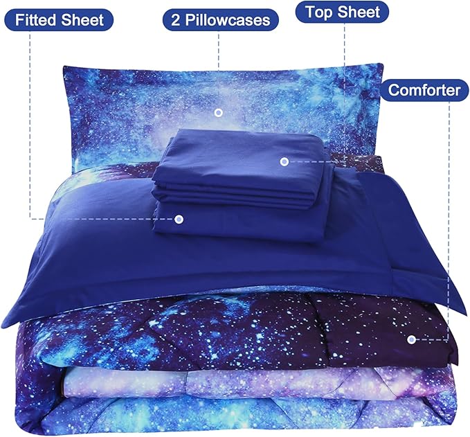Wowelife Galaxy Bedding Twin Outer Space Comforter Set 5 Pieces Blue Cosmic Galaxy Bed Set Kids Bed in A Bag Twin for Teen Boys and Girls with Comforter, Flat Sheet, Fitted Sheet and 2 Pillowcases - LeafyLoom