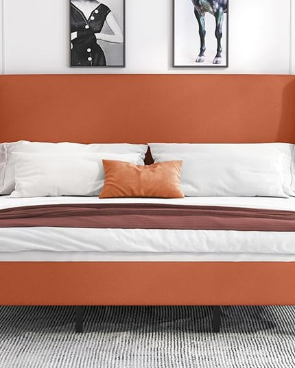 Allewie King Size Bed Frame, Platform Bed Frame with Upholstered Headboard, Modern Deluxe Wingback, Wood Slat Support, Mattress Foundation, Burnt Orange - LeafyLoom