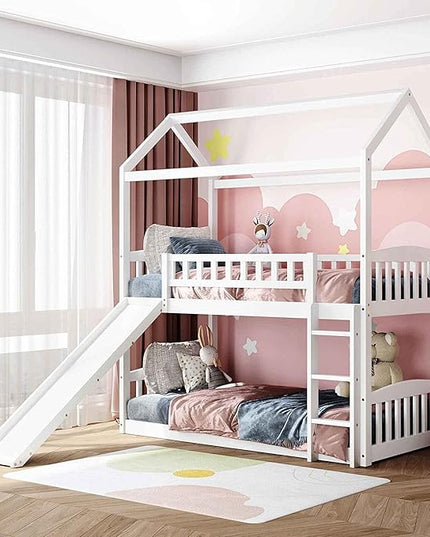Twin Over Twin Bunk Bed with Slide for Kids Bedroom,Solid Pinewood Bedframe,House Bunkbeds w/Safety Guardrails & Roof Design,No Box Spring Needed, White - LeafyLoom