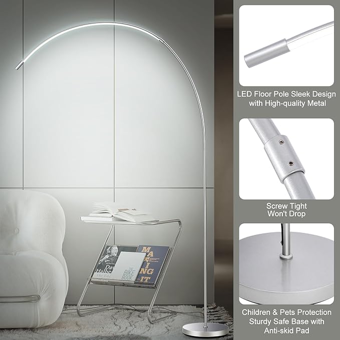 LED Arc Floor Lamp for Living Room,70.8" Tall Modern Standing Lamp with Remote Control,3 Color Temperature & Stepless Dimmable Brightness, Reading Floor Lamp for Bedroom Office Home - LeafyLoom