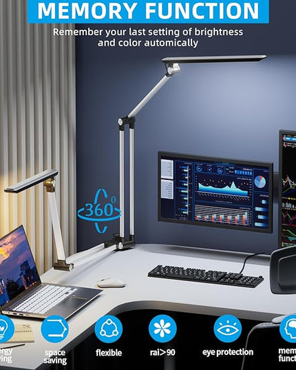 LED Desk Lamp,Swing arm with clamp11W,10 Color Modes Touch Control,Table Lamps with 10 Levels Brightness,Reading Desk Lamps 360 Degree Spin with USB Adapter & Memory Function Silver - LeafyLoom