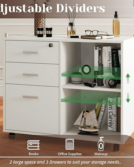 Maxtown Wood Filing Cabinet, Mobile Lateral Filing Cabinet with Lock, 3 Drawer Filing Cabinet with Open Storage Shelves, Printer Stand with Storage, White - LeafyLoom