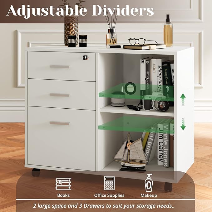 Maxtown Wood Filing Cabinet, Mobile Lateral Filing Cabinet with Lock, 3 Drawer Filing Cabinet with Open Storage Shelves, Printer Stand with Storage, White - LeafyLoom