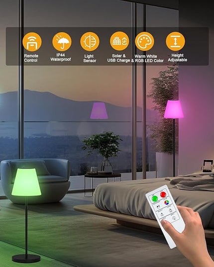 Solar Floor Lamp Indoor&Outdoor Lamps for Patio, IP44 Waterproof USB Rechargeable Indoor Cordless Floor Lamp with Light Sensor, Dimmable Warm White+RGB LED Outdoor Floor Lamp for Lawn Yard Garden - LeafyLoom