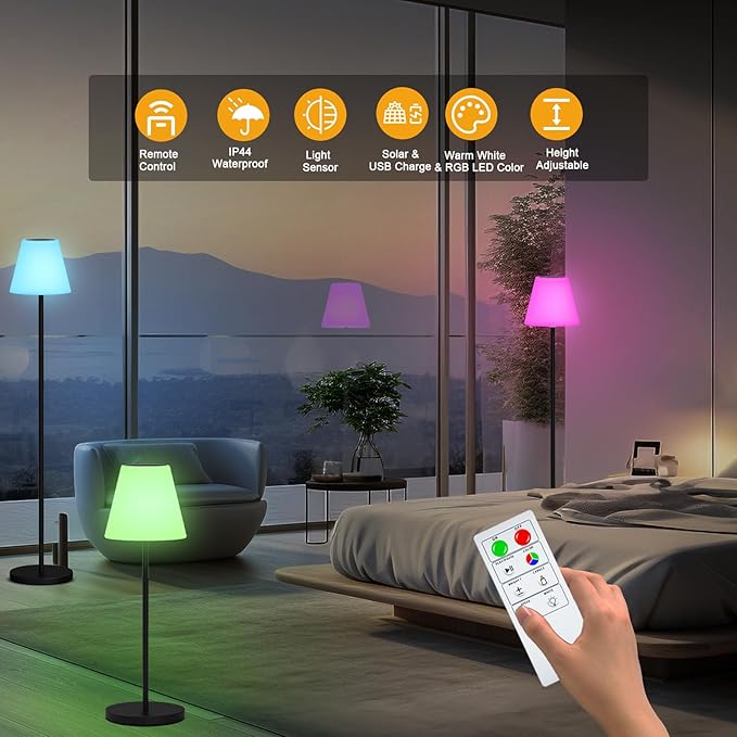 Solar Floor Lamp Indoor&Outdoor Lamps for Patio, IP44 Waterproof USB Rechargeable Indoor Cordless Floor Lamp with Light Sensor, Dimmable Warm White+RGB LED Outdoor Floor Lamp for Lawn Yard Garden - LeafyLoom