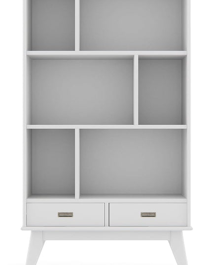 SIMPLIHOME Draper SOLID HARDWOOD 35 Inch Mid Century Modern Wide Bookcase and Storage Unit in White, For the Living Room, Study Room and Office - LeafyLoom
