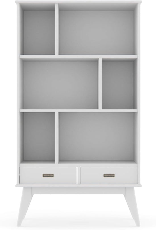 SIMPLIHOME Draper SOLID HARDWOOD 35 Inch Mid Century Modern Wide Bookcase and Storage Unit in White, For the Living Room, Study Room and Office - LeafyLoom