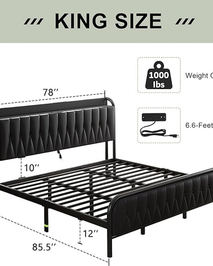 Feonase King Bed Frame with Type-C & USB Port, Metal Platform Beds, with Faux Leather Upholstered Headboard & Footboard, 12" Underbed Storage Space, Easy Assembly, Noise-Free, Black - LeafyLoom