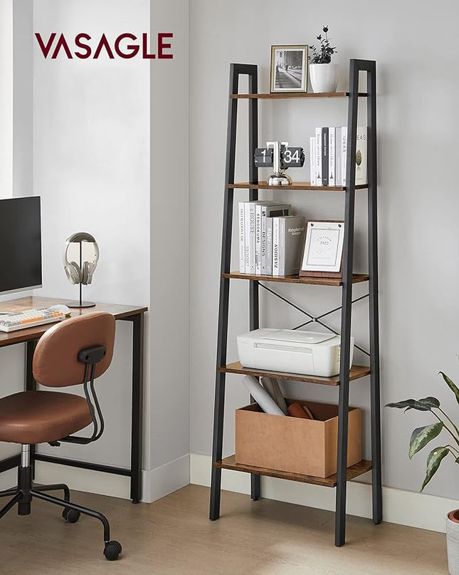 VASAGLE Ladder Shelf, 5-Tier Bookshelf, Storage Rack, Bookcase with Steel Frame, Wood Look Accent Furniture with Metal Frame, 22.1 x 13.3 x 67.7 Inches, Rustic Brown ULLS45X - LeafyLoom