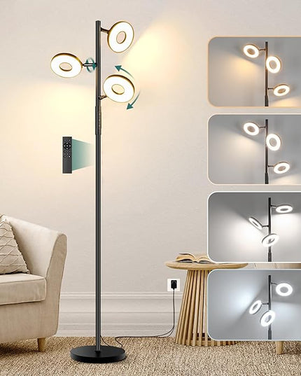 Floor Lamp, Modern Dimmable Standing Floor Lamp with Remote & Touch Control, 2700K-6500K, 3 Rotatable LED Floor Lamps for Living Room, Tall Floor Lamp for Bedroom, Office - LeafyLoom