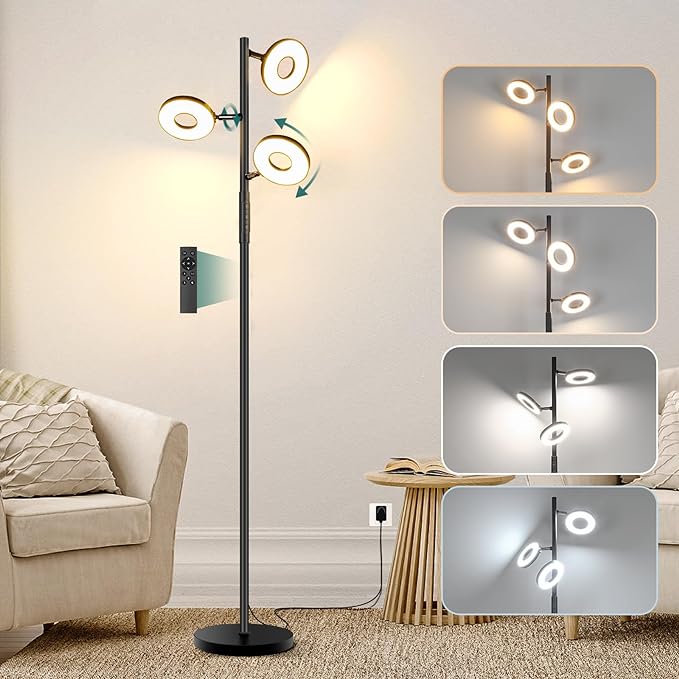 Floor Lamp, Modern Dimmable Standing Floor Lamp with Remote & Touch Control, 2700K-6500K, 3 Rotatable LED Floor Lamps for Living Room, Tall Floor Lamp for Bedroom, Office - LeafyLoom