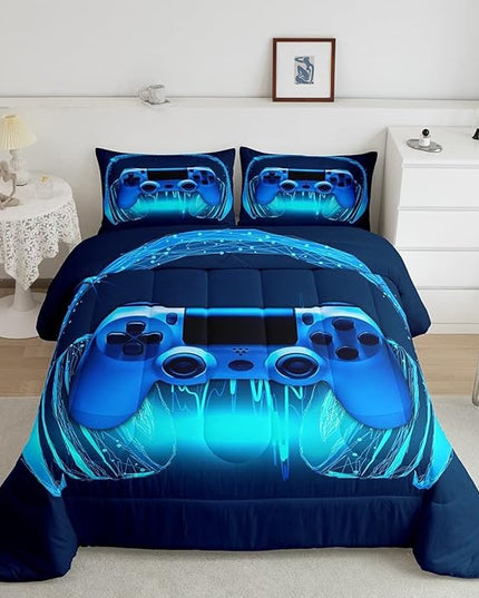 Gamer Comforter Set King Size,Blue Headphones Musical Design Games Gamepad Bedding Set for Kids Boys Video Game Room Decor Retro Playing Gamer Down Comforter Gaming Controller Quilted Duvet Set - LeafyLoom