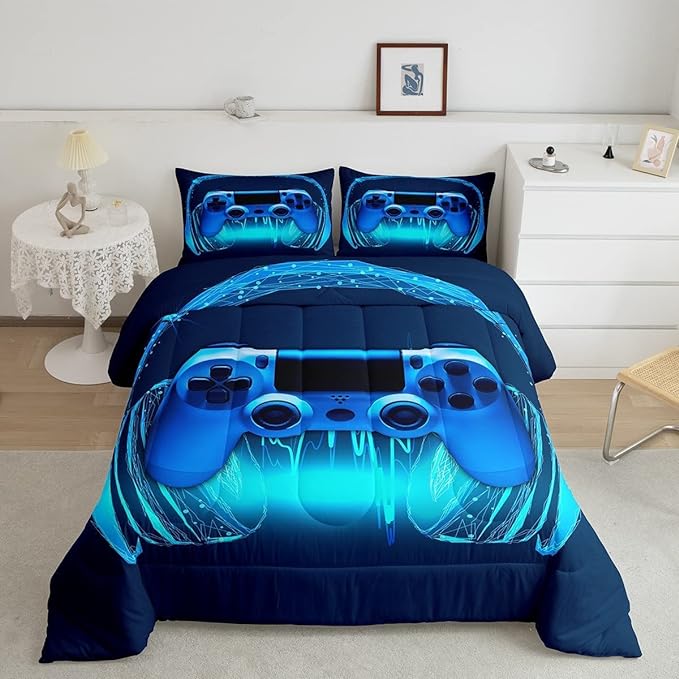 Gamer Comforter Set King Size,Blue Headphones Musical Design Games Gamepad Bedding Set for Kids Boys Video Game Room Decor Retro Playing Gamer Down Comforter Gaming Controller Quilted Duvet Set - LeafyLoom