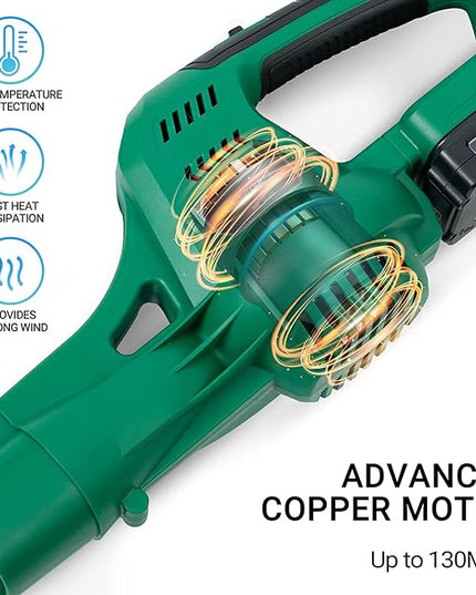 20V Cordless Leaf Blower with Battery and Charger, Leaf Blower Battery Operated, Rechargeable Electric Handheld Leaf Blower Variable Speed with 2 Tubes for Patio, Leaves Blowing-Green - LeafyLoom