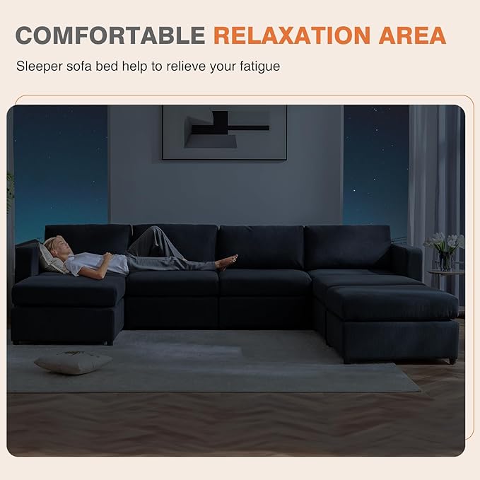 Sweetcrispy Convertible Modular Sectional Sofa, 7 Seat Sectional Couches for Living Room, U-Shaped Modern Fabric Modular Sofa Sleeper with Double Chaise for Home, Apartment, Dorm, Dark Grey - LeafyLoom