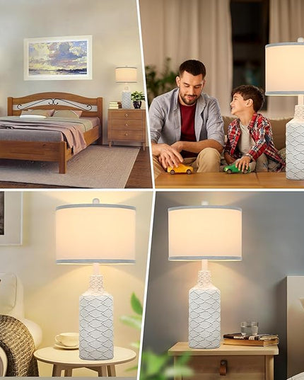 Modern Farmhouse Ceramic Nightstand Lamp, 25in Tall, White, with Handcrafted Base and Fabric Shade, E26 Socket, Bulb Excluded - LeafyLoom