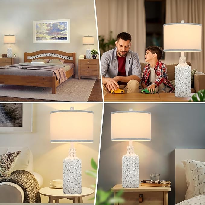 Modern Farmhouse Ceramic Nightstand Lamp, 25in Tall, White, with Handcrafted Base and Fabric Shade, E26 Socket, Bulb Excluded - LeafyLoom