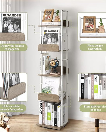 Bikoney Bookshelves 5-Tier, Rotating Bookshelf Tower for Corner, Small Bookcase, Tall Industrial Bookshelf, Narrow Bookshelf, Wood and Metal White - LeafyLoom