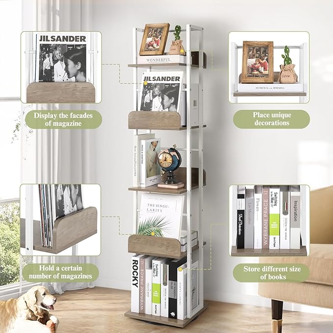 Bikoney Bookshelves 5-Tier, Rotating Bookshelf Tower for Corner, Small Bookcase, Tall Industrial Bookshelf, Narrow Bookshelf, Wood and Metal White - LeafyLoom