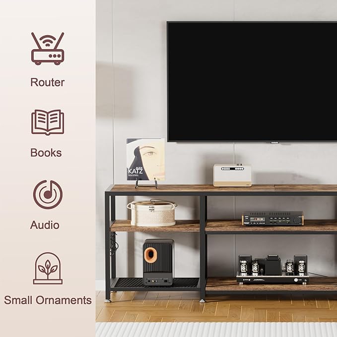 VECELO 63" TV Stand for 60/65/70 Inch Television, Entertainment Center with Storage Shelves & Hooks, 3-Tier Modern Wooden Console Table for Living, Bedroom and Gaming Room, 63 Inch, Retro Brown - LeafyLoom