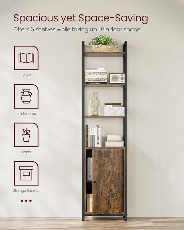 VASAGLE 6-Tier Bookshelf, Tall Bookcase with Door, Steel Frame, Adjustable Shelves, 9.4 x 15.7 x 62.8 Inches, Living Room Bedroom, Rustic Brown and Ink Black ULLS132K01 - LeafyLoom