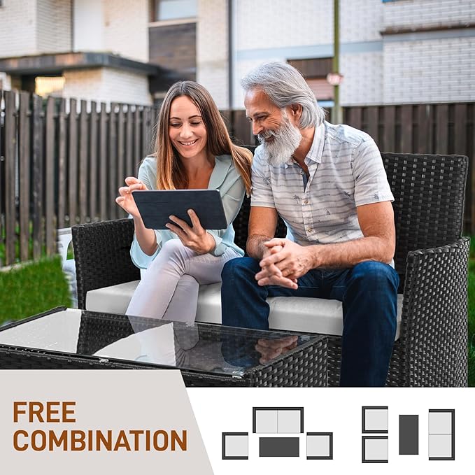 Outvita 4 Pieces Patio Furniture Set, Rattan Conversation Sets with Loveseat Soft Cushion and Glass Table for Garden Backyard Balcony Porch Poolside(Black) - LeafyLoom