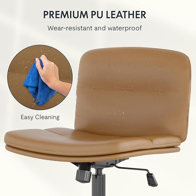 FLEXISPOT Cross Legged Office Chair for Vanity Desk Criss Cross Chair with Wheels Vanity Chair Armless Home Office Desk Chair Comfy Wide Seat Cushion(Coffee Brown) - LeafyLoom