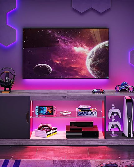 Bestier LED TV Stand for 55/60/65 Inch TV, Gaming Entertainment Center with Cabinet for PS5, Modern TV Cabinet with Adjustable Glass Shelves for Living Room, Bedroom 58 Inch, Grey Wash - LeafyLoom